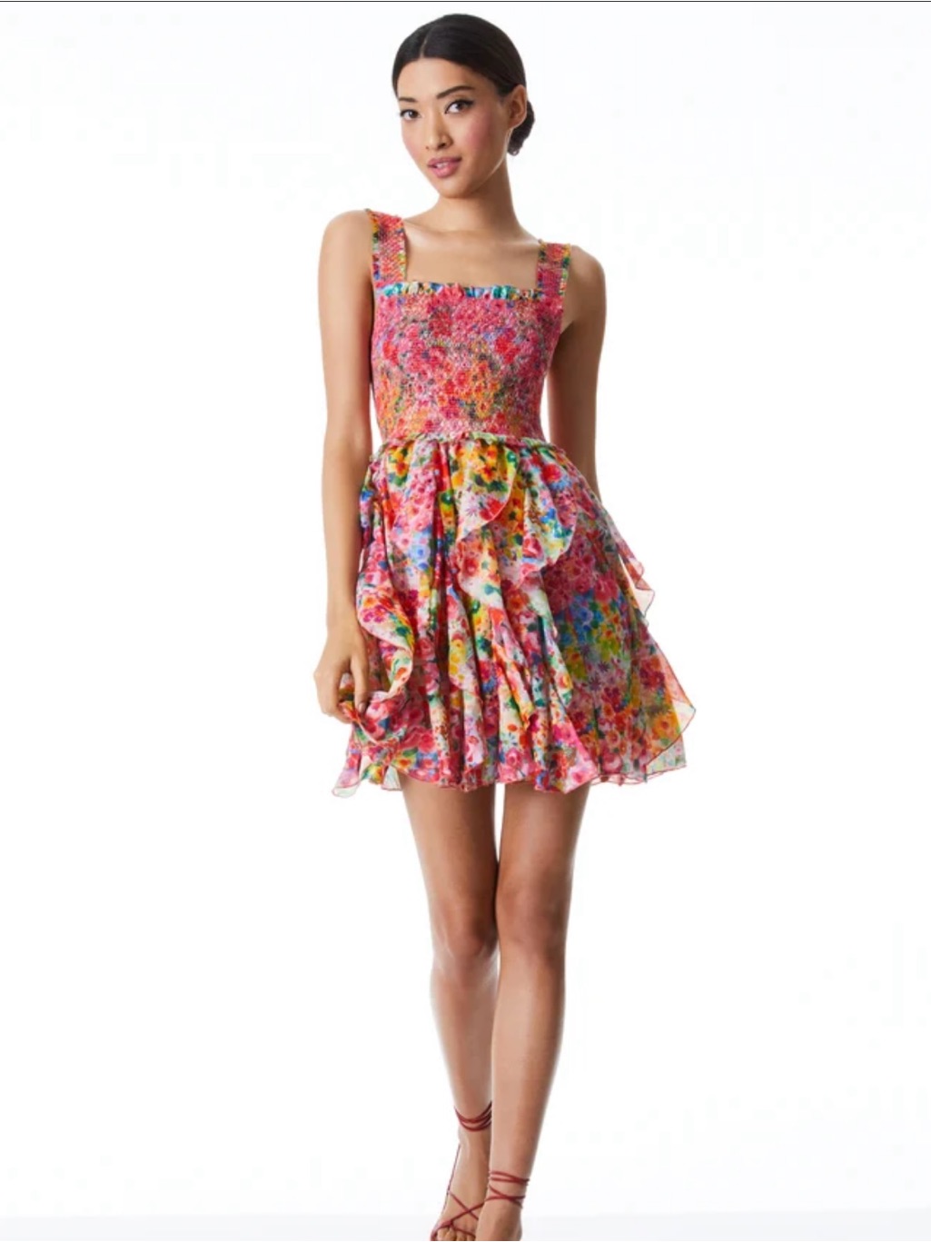 Alice + Olivia Jocelyn Smocked Mini Dress Invisit Garden Floral Size 0